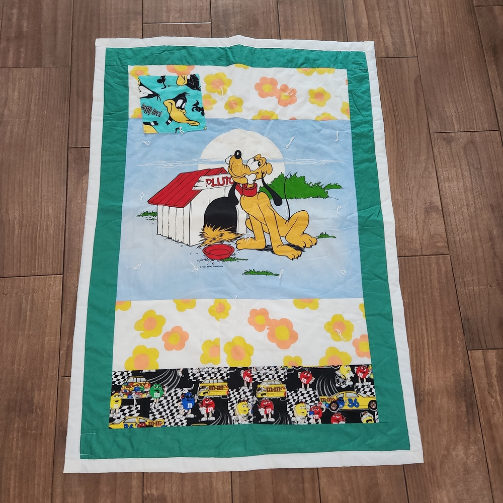VINTAGE Disney Pluto m&ms handmade quilt Blanket 47"x33"